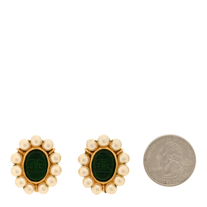 Chanel Resin Pearl CC Clip On Earrings Green Gold 2 of 4