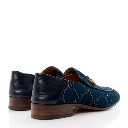 Gucci Velvet GG Monogram Goatskin Mens Horsebit Loafers 12 Blue Beige 5 of 11