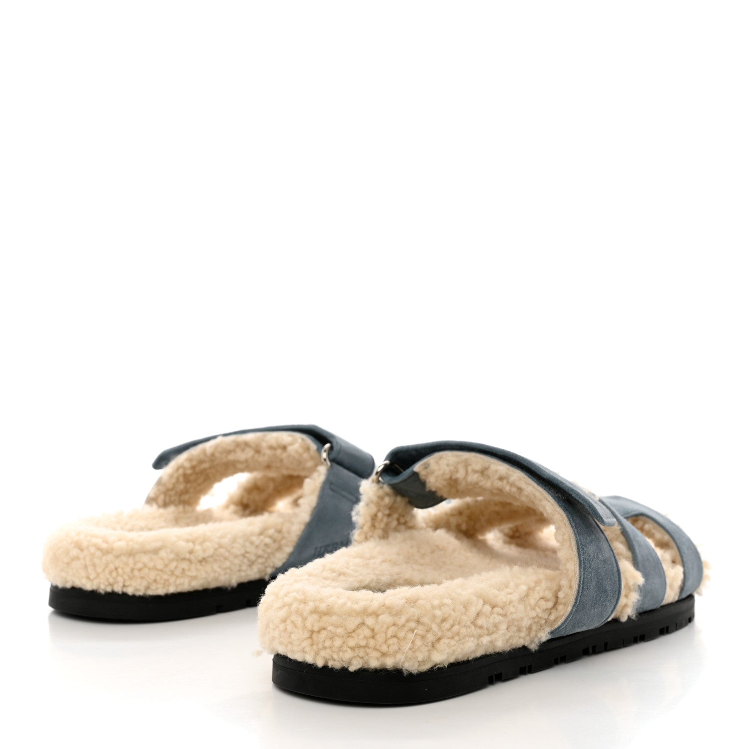 Hermes Suede Goatskin Woolskin Womens Chypre Sandals 38 Bleu Pinede Ecru 4 of 11