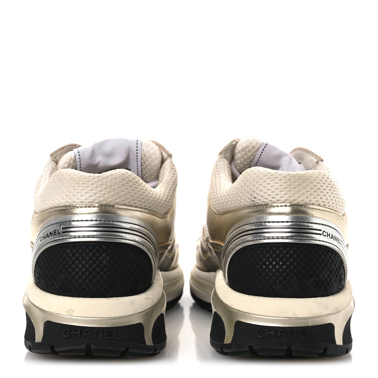 Fabric Laminated Calfskin Stretch CC Womens Sneakers 40 White Gold Silver