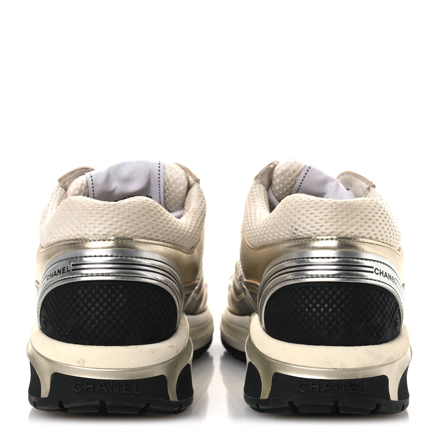 Chanel Fabric Laminated Calfskin Stretch CC Womens Sneakers 40 White Gold Silver 6 of 13