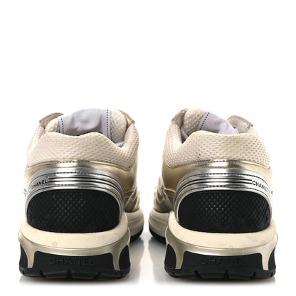 Chanel Fabric Laminated Calfskin Stretch CC Womens Sneakers 40 White Gold Silver 6 of 13