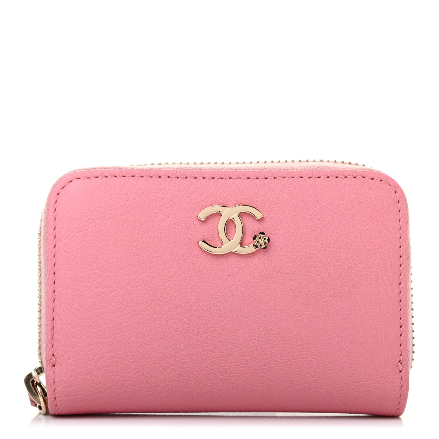 Goatskin Camellia Zip Coin Purse Pink