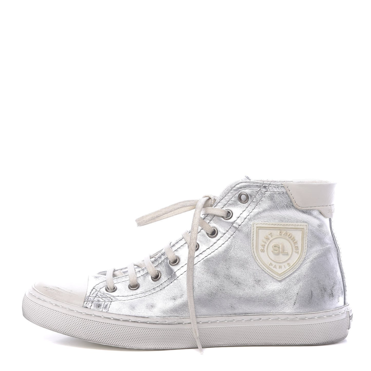 Distressed Calfskin Bedford Logo-Appliqued Hightop Sneakers 38 Argento Cream White