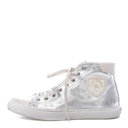 Saint Laurent Distressed Calfskin Bedford Logo-Appliqued Hightop Sneakers 38 Argento Cream White 1 of 9