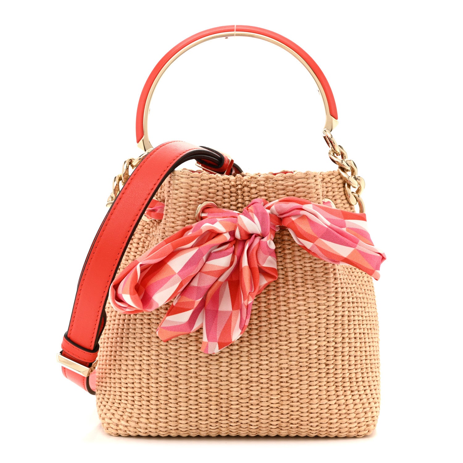 Jimmy Choo Raffia Bon Bon Bow Bucket Bag Natural Paprika Candy Pink Multicolor 1 of 12