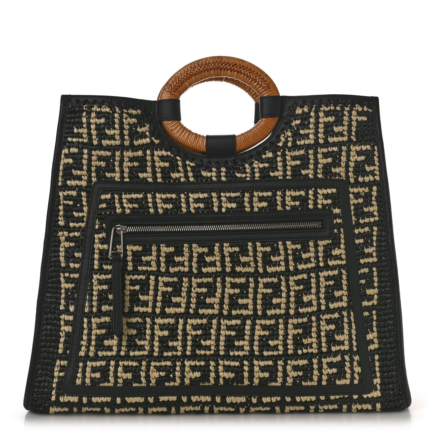 Raffia Vitello Century Wicker FF 1974 Crochet Large Runaway Shopper Tote Natural Black