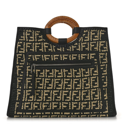 Fendi Raffia Vitello Century Wicker FF 1974 Crochet Large Runaway Shopper Tote Natural Black 1 of 10