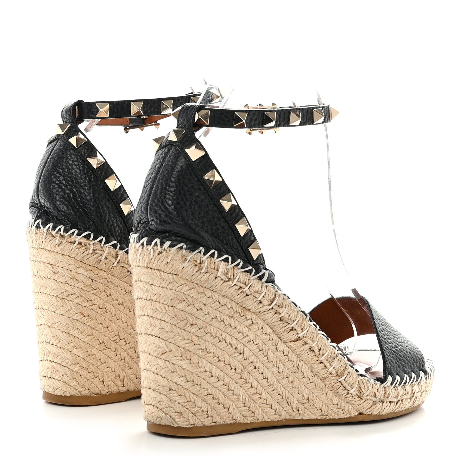 Valentino Garavani Grained Calfskin Rockstud Ankle Strap Espadrille 15/105mm Wedge Sandals 39 Black Light Cuir Natural 4 of 8