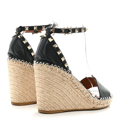 Valentino Garavani Grained Calfskin Rockstud Ankle Strap Espadrille 15/105mm Wedge Sandals 39 Black Light Cuir Natural 4 of 8