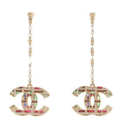 Chanel Pearl Crystal CC Tweed Drop Earrings Gold Brown Green 1 of 5