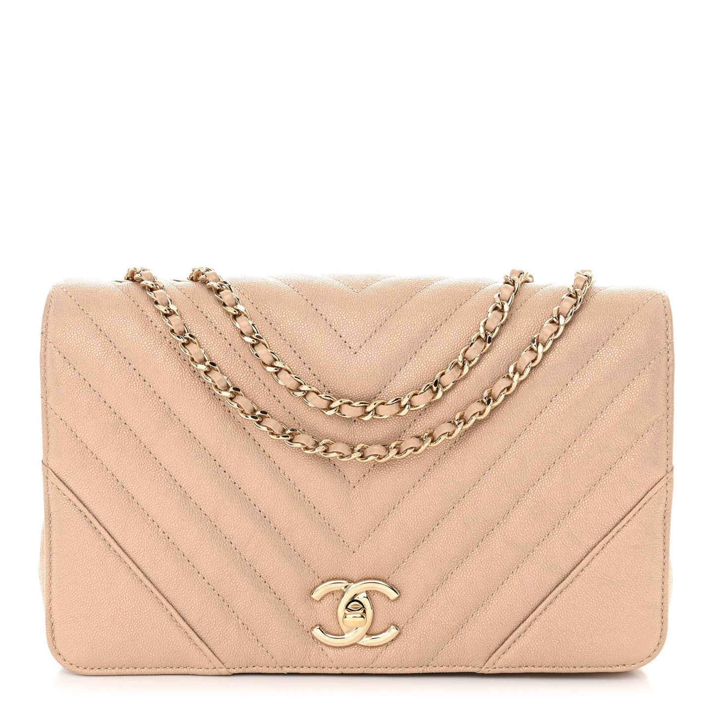 Metallic Caviar Chevron Quilted Medium Statement Flap Beige