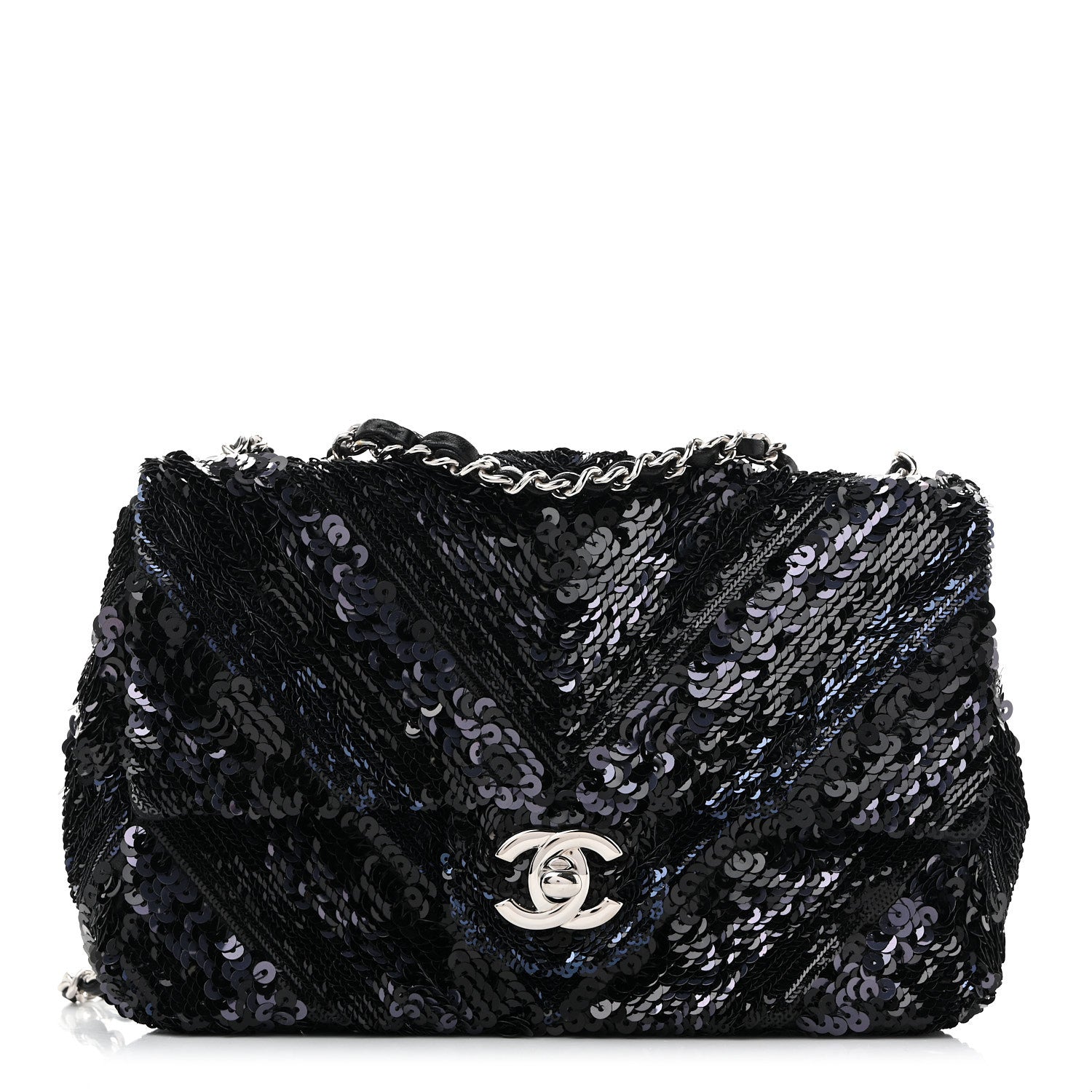 Chanel Sequins Chevron Mini Rectangular Flap Black Blue 1 of 11