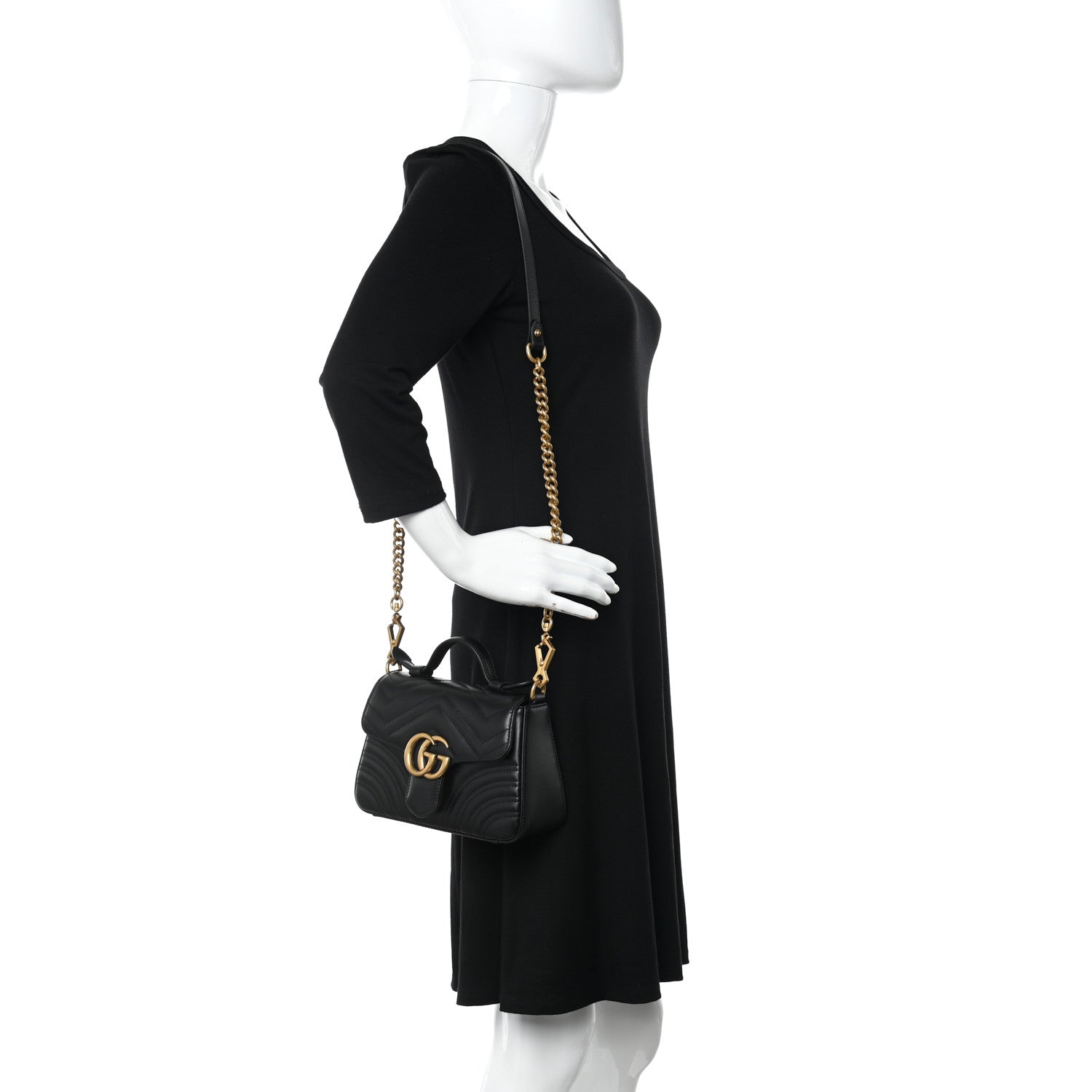 Gucci Calfskin Matelasse Mini GG Marmont Top Handle Shoulder Bag Black 2 of 10