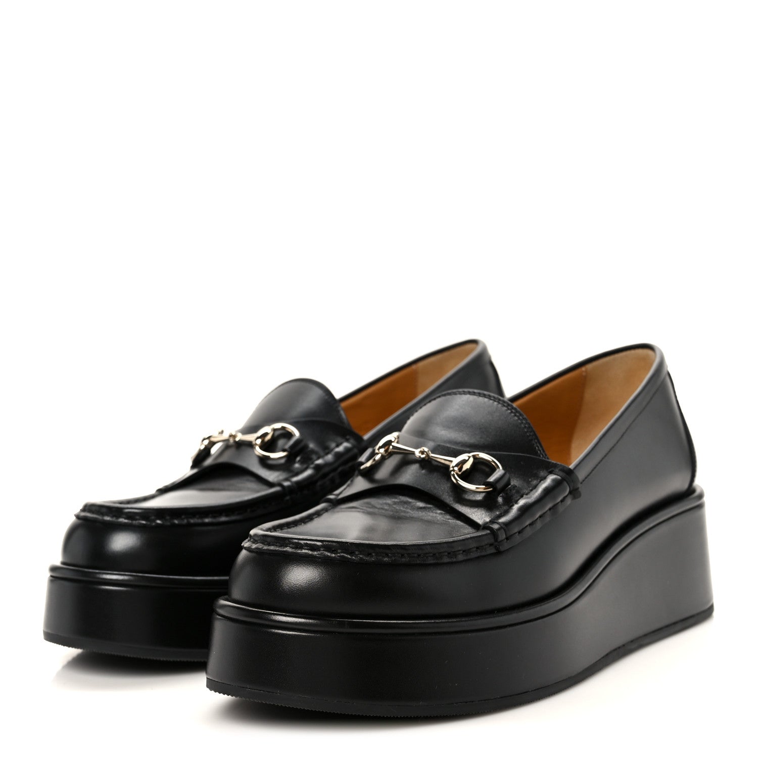 Gucci Kama Calfskin Horsebit Womens Wedge Platform Loafers 38.5 Black 4 of 9