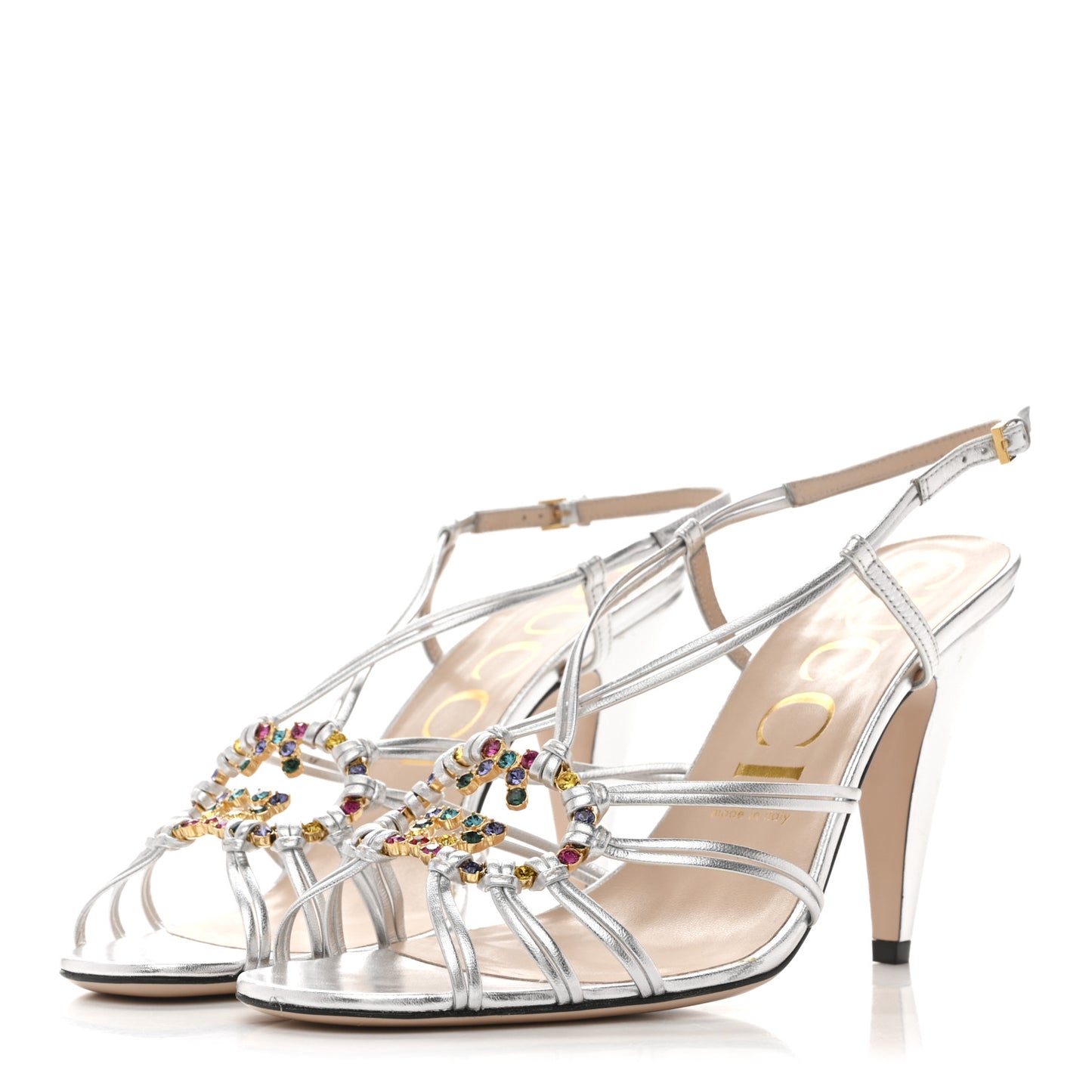 Metallic Nappa Silk Crystal GG Isa Ankle Strap Mid Heel Sandals 39.5 Silver