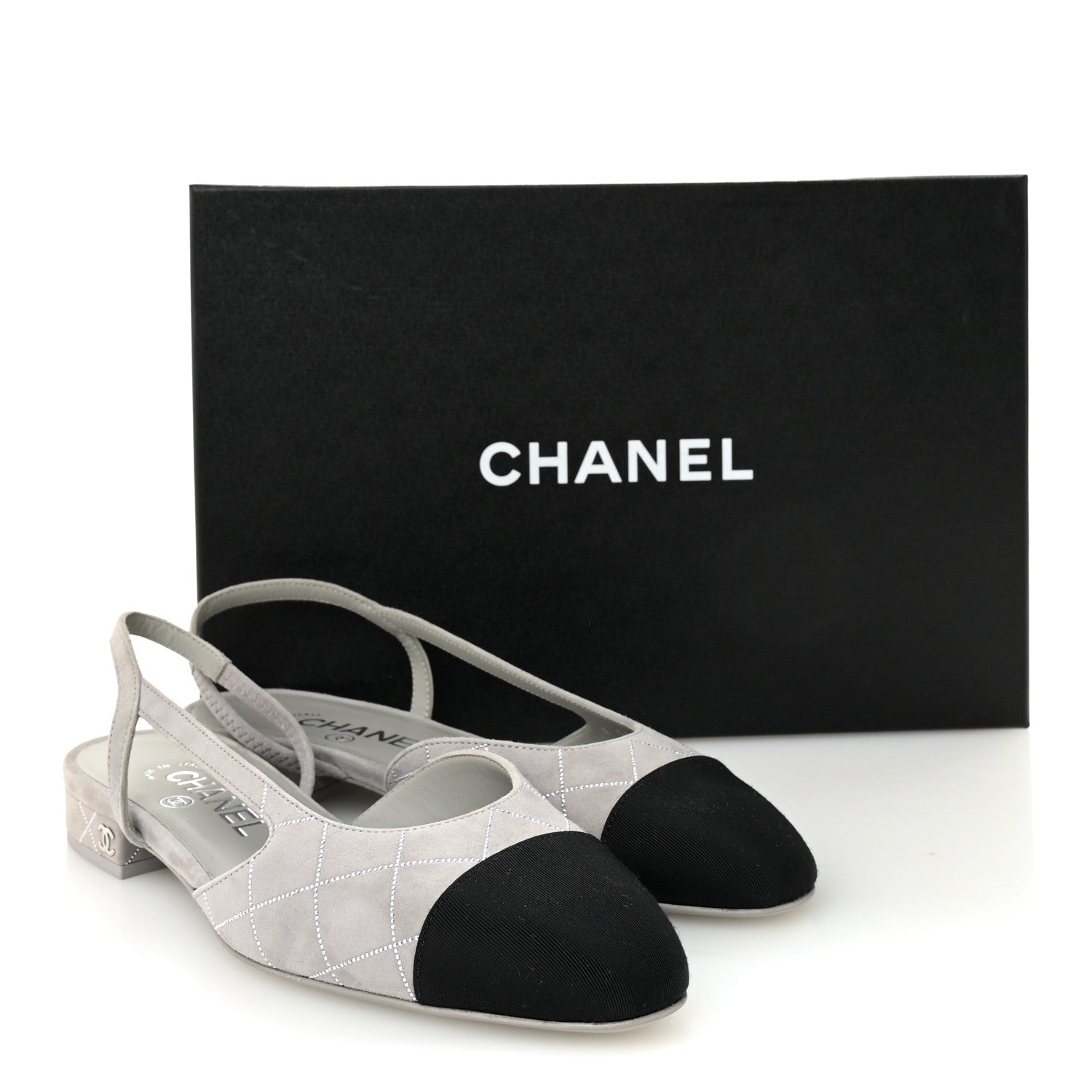 Chanel Suede Crystal Grosgrain Cap Toe CC Slingback Flats 36 Gray
