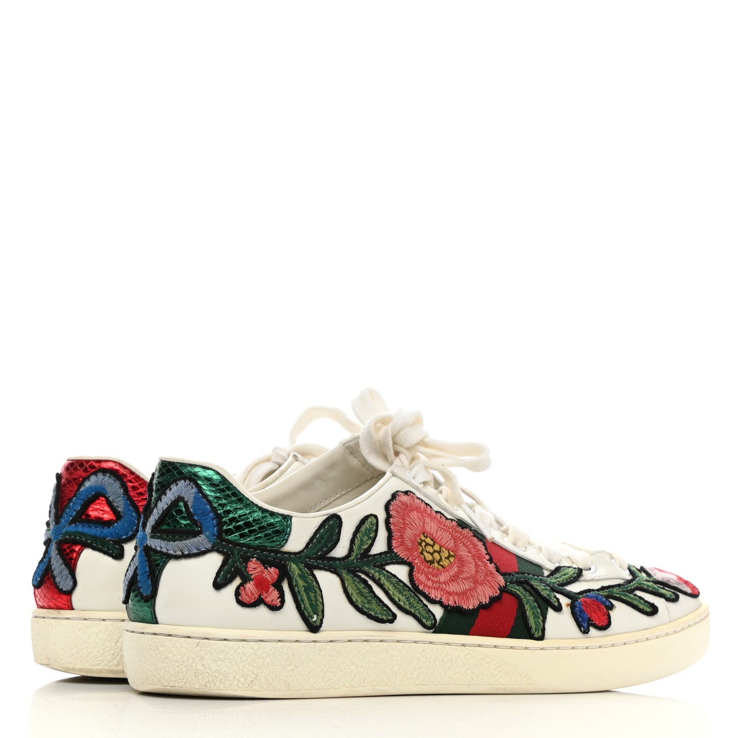 Calfskin Web Floral Embroidered Womens Ace Sneakers 37 White