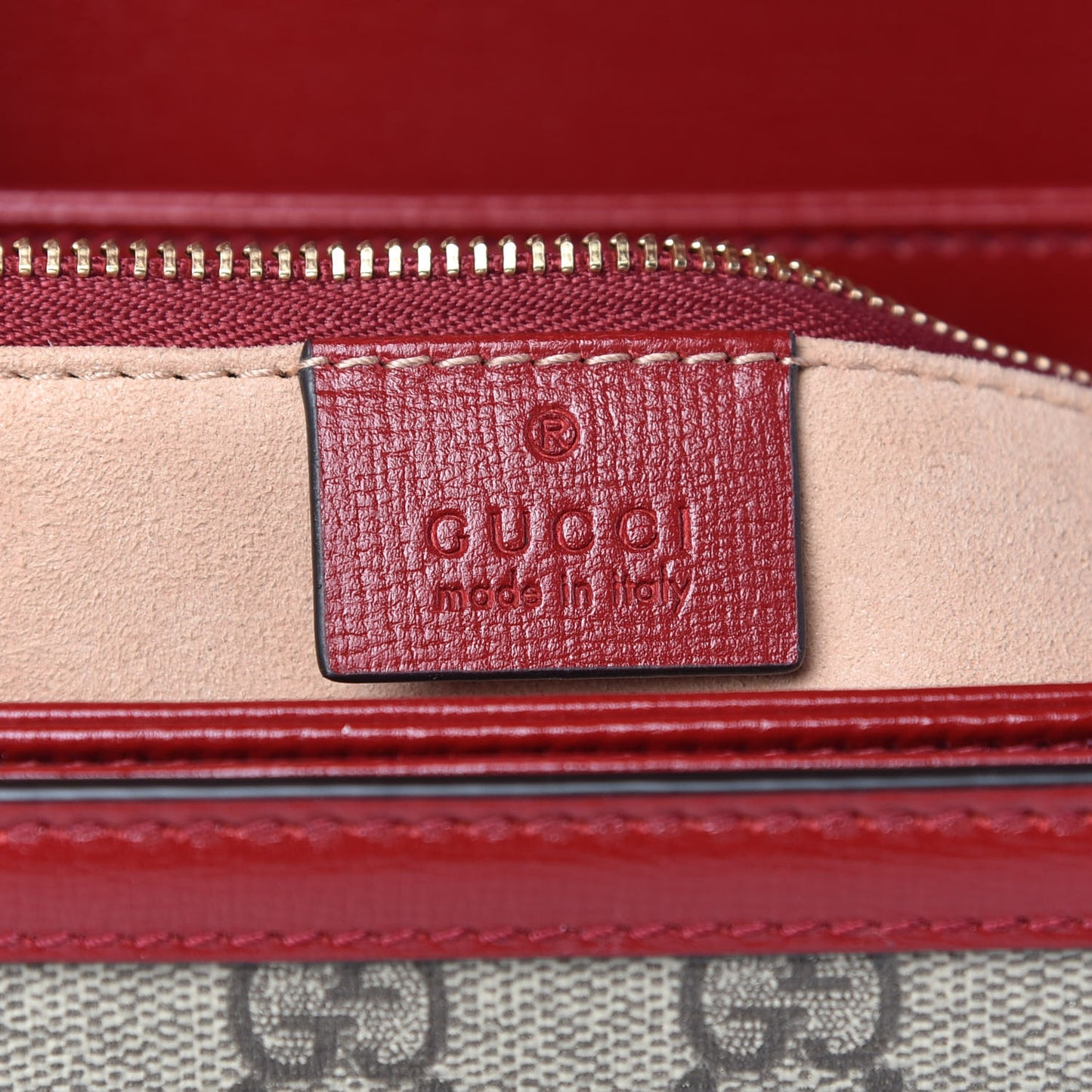 GG Supreme Monogram Azalea Calfskin Horsebit 1955 Shoulder Bag Beige Ebony New Cherry Red