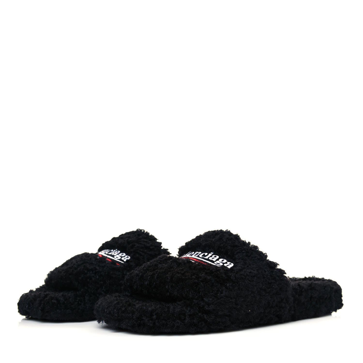 Balenciaga Faux Shearling Political Campaign Logo Slide Sandals 40 Black White Red 3 of 5