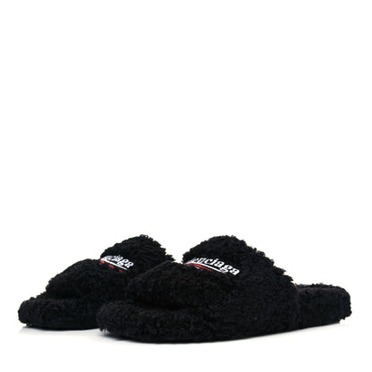 Balenciaga Faux Shearling Political Campaign Logo Slide Sandals 40 Black White Red 3 of 5