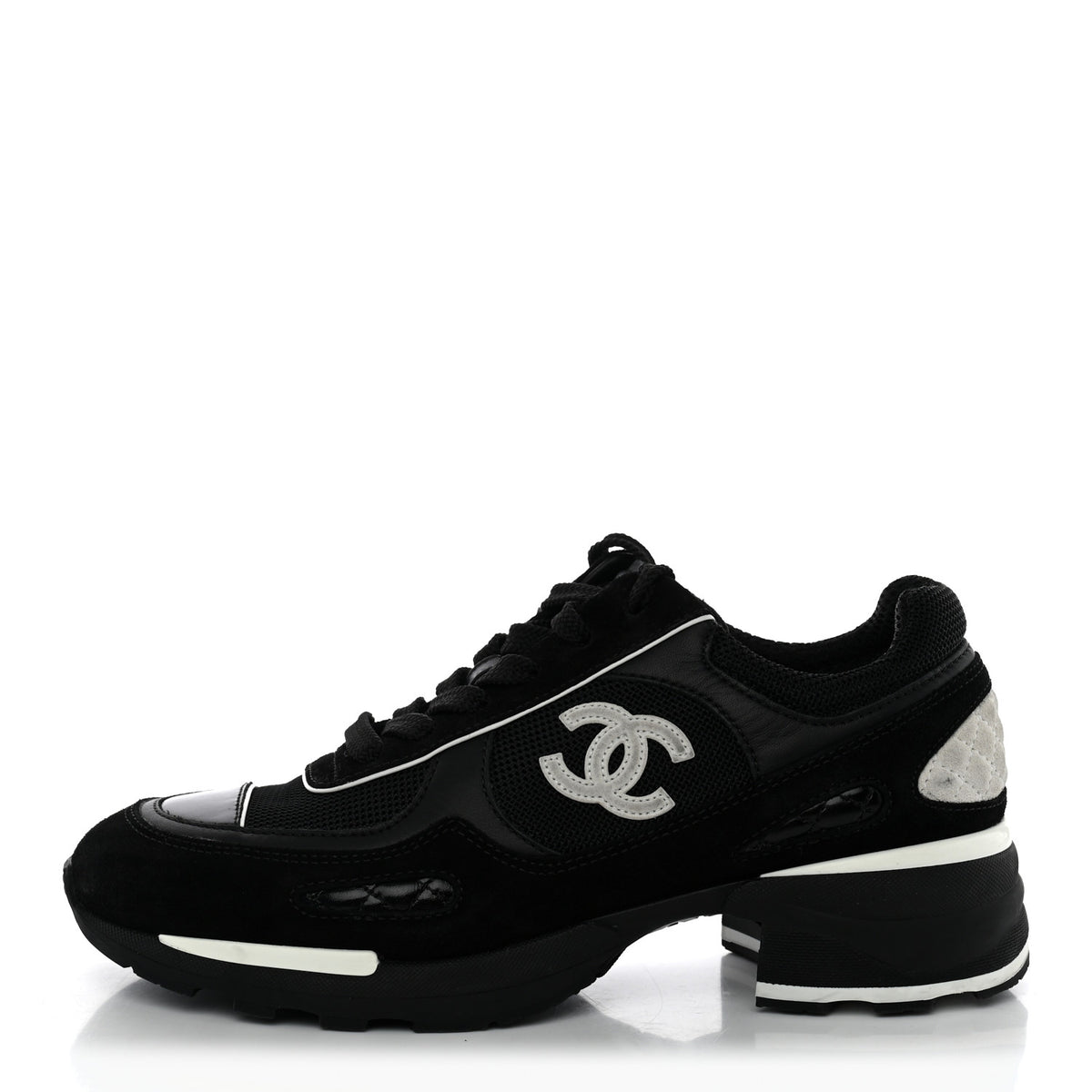 Chanel Mixed Fibers Suede Shiny Calfskin Womens CC Sneakers 38 Black 1 of 10