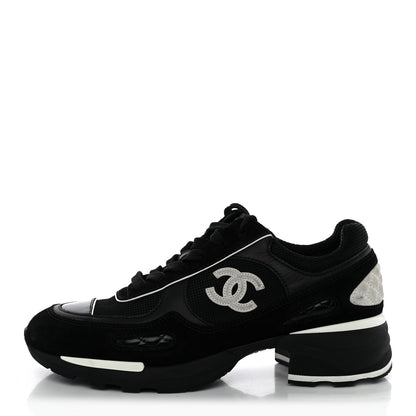 Chanel Mixed Fibers Suede Shiny Calfskin Womens CC Sneakers 38 Black 1 of 10