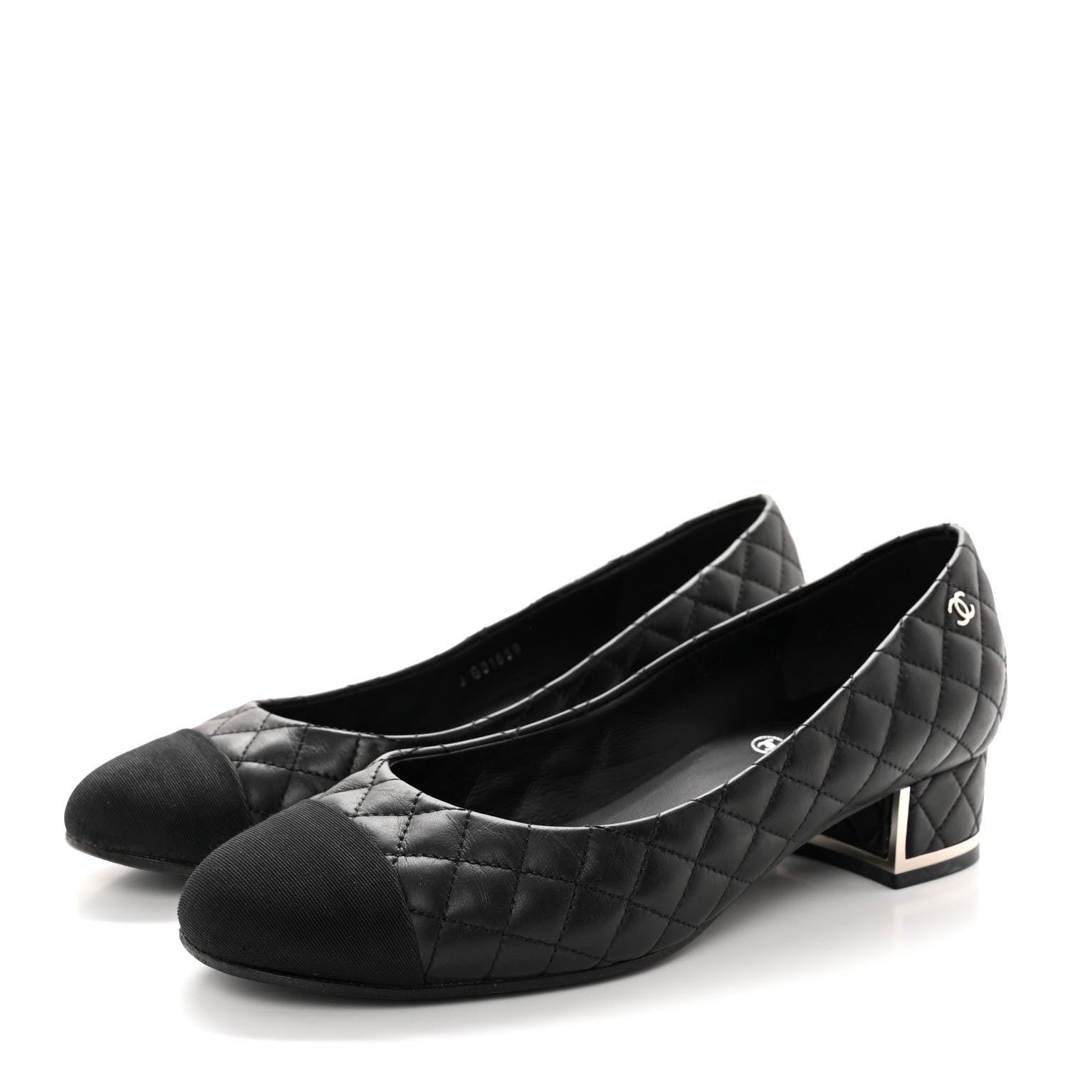 Chanel Lambskin Grosgrain Quilted CC Cap Toe Low Heel Pumps 37 Black 3 of 13