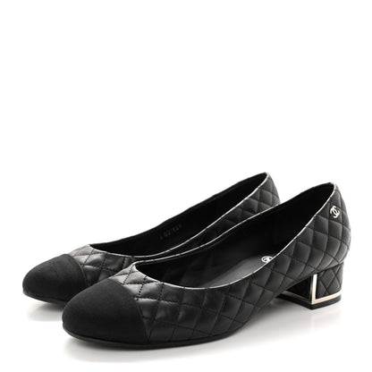Chanel Lambskin Grosgrain Quilted CC Cap Toe Low Heel Pumps 37 Black 3 of 13
