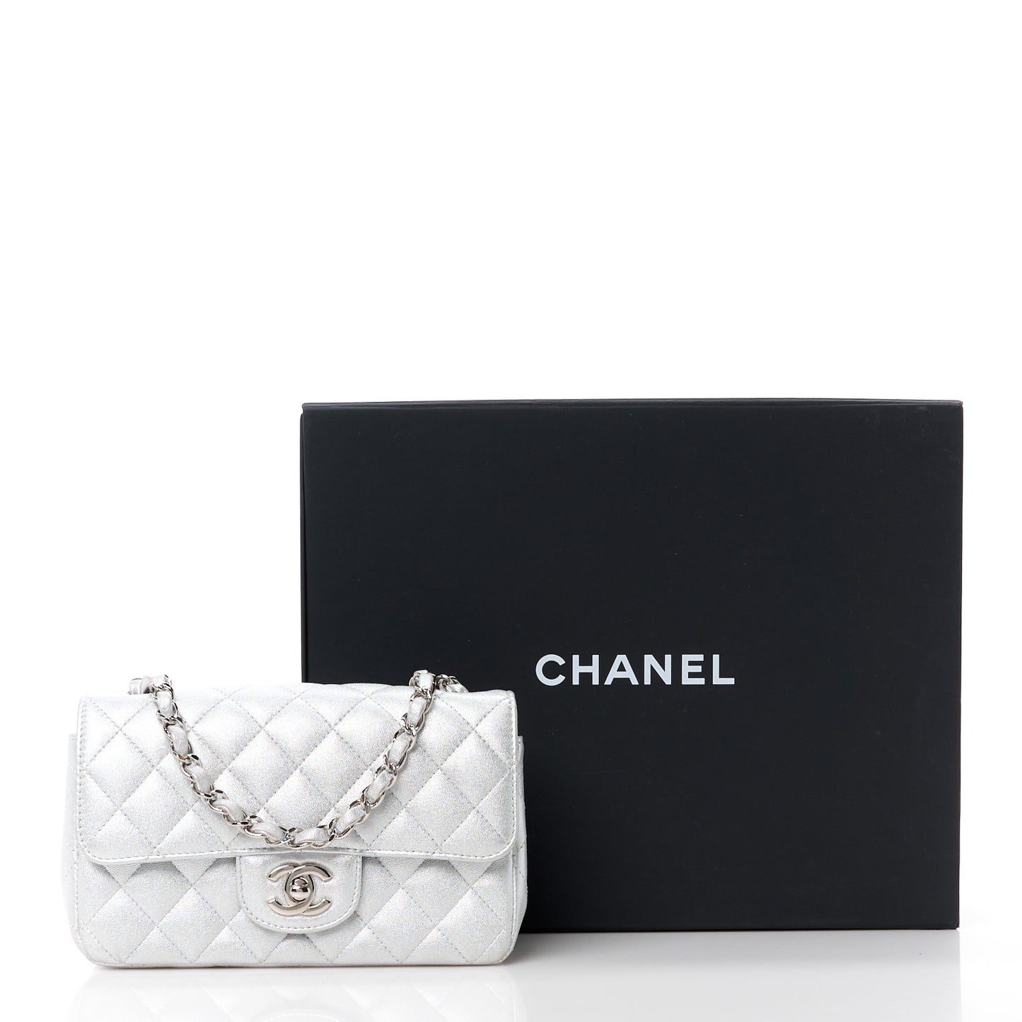 Metallic Lambskin Quilted Mini Rectangular Flap Silver