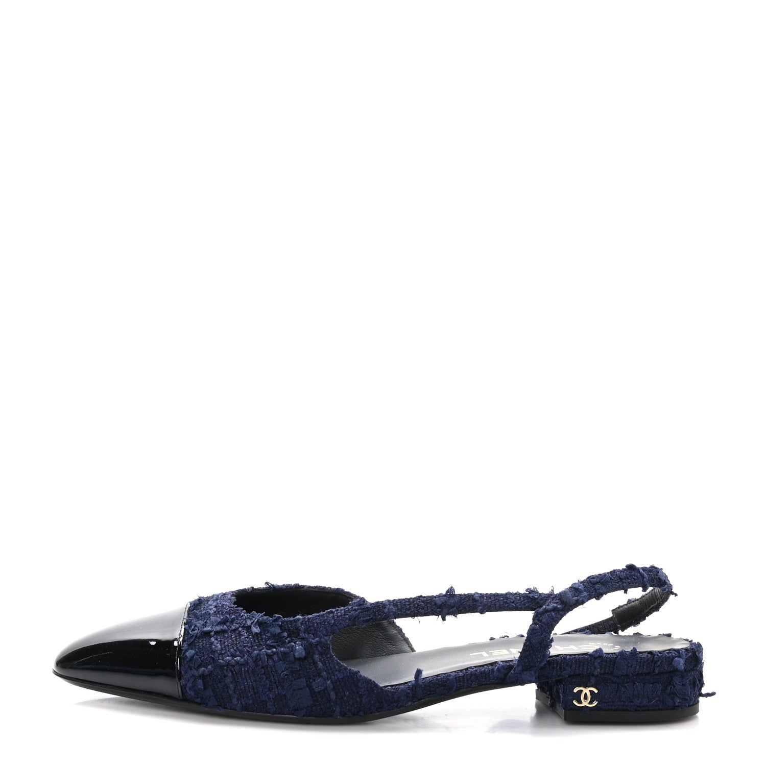 Chanel Tweed Patent Calfskin Cap Toe CC Slingback Flats 41 Navy Black 1 of 9