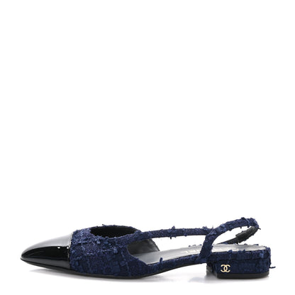Chanel Tweed Patent Calfskin Cap Toe CC Slingback Flats 41 Navy Black 1 of 9