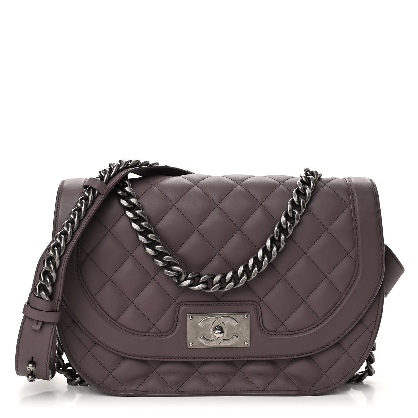 Calfskin Quilted Large Double Chained Messenger Flap Purple