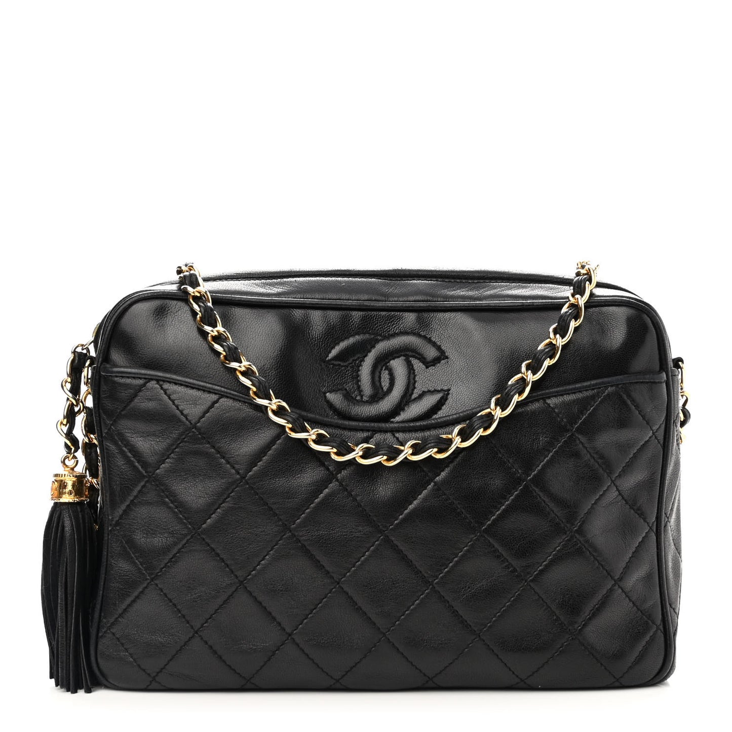 Lambskin Quilted Tassel Camera Case Black