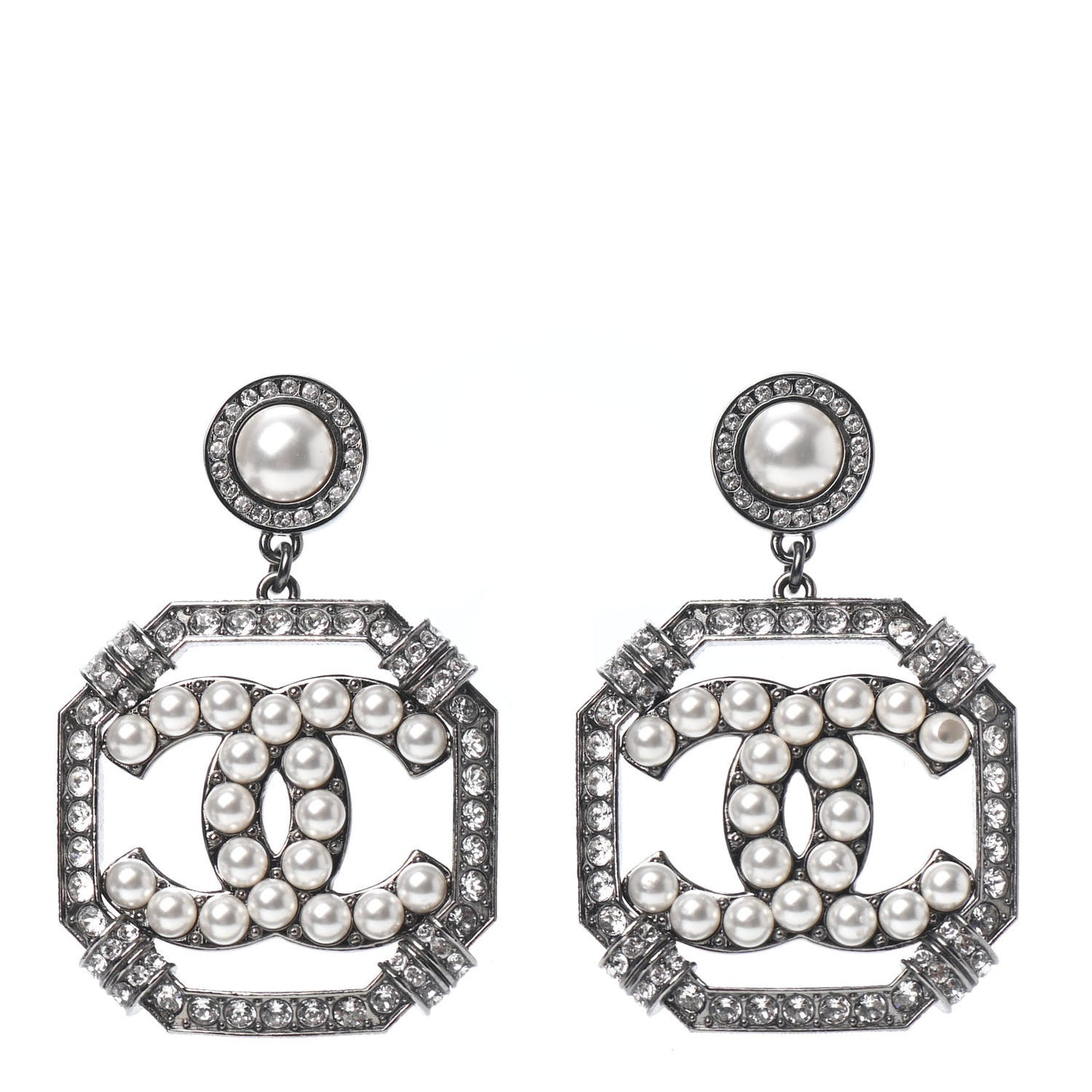 Pearl Crystal CC Drop Earrings Silver