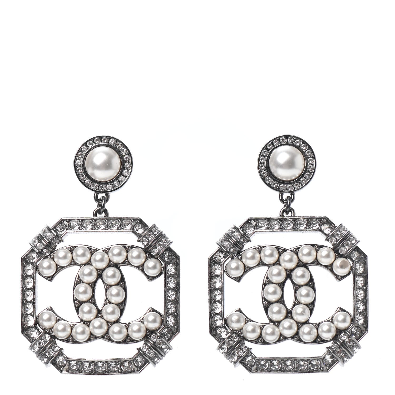 Chanel Pearl Crystal CC Drop Earrings Silver 1 of 4