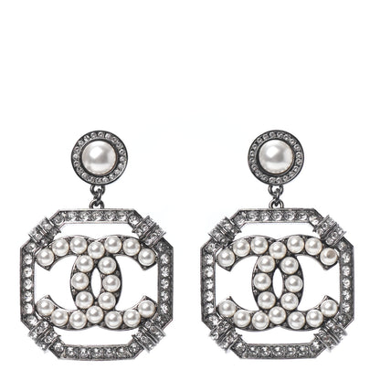 Chanel Pearl Crystal CC Drop Earrings Silver 1 of 4