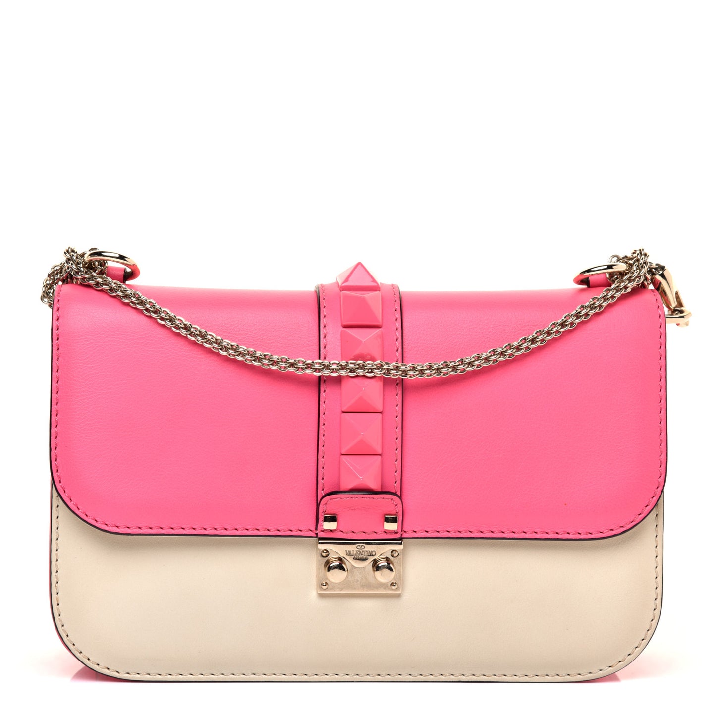 Vitello Medium Glam Lock Rockstud Flap Fuxia Fluo Light Ivory