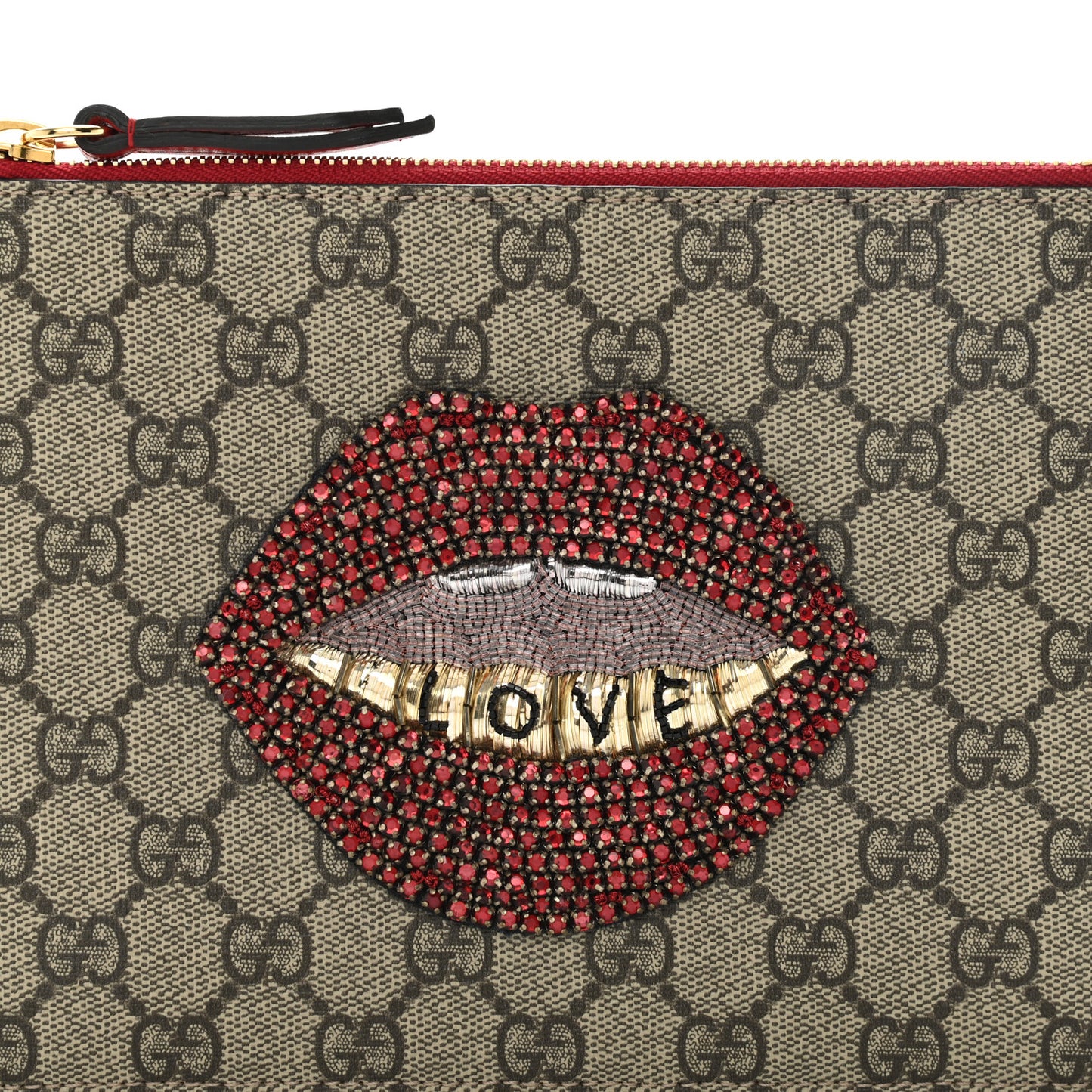 GG Supreme Monogram Merveilles Lips Zip Pouch Hibiscus Red
