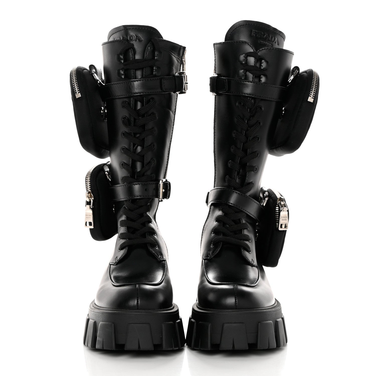 Prada Vitello Lux Nylon Metal Triangle Logo Monolith Pouch Pocket 55mm Tall Combat Boots 36 Black 2 of 13
