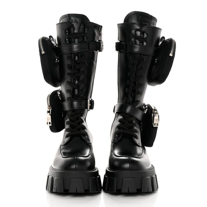 Prada Vitello Lux Nylon Metal Triangle Logo Monolith Pouch Pocket 55mm Tall Combat Boots 36 Black 2 of 13