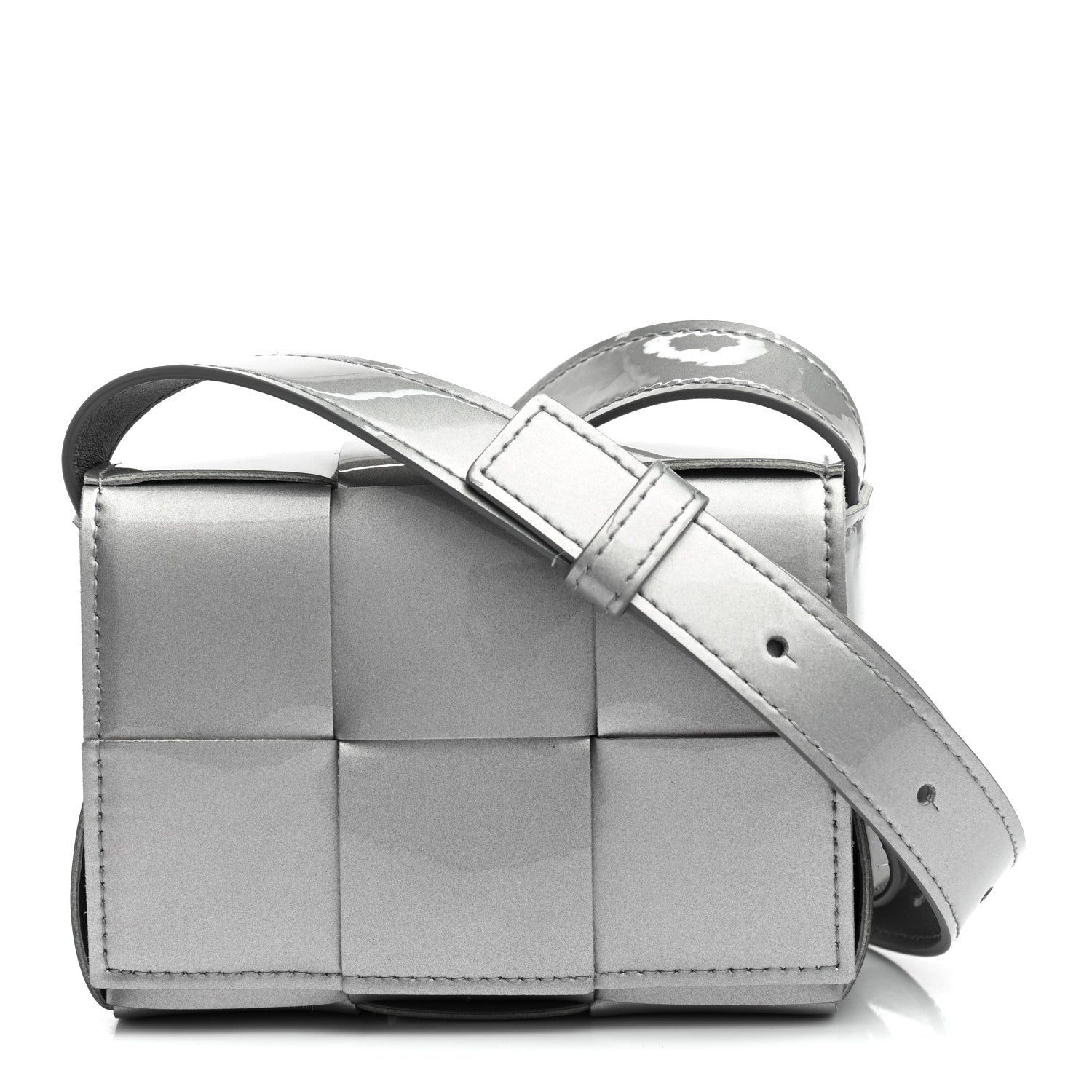 Bottega Veneta Metallic Patent Calfskin Maxi Intrecciato Extra Mini Cassette Crossbody Bag Silver 1 of 8