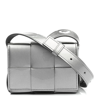 Bottega Veneta Metallic Patent Calfskin Maxi Intrecciato Extra Mini Cassette Crossbody Bag Silver 1 of 8