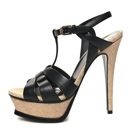 Saint Laurent Calfskin Canvas Tribute 105 Platform Sandals 37.5 Black 1 of 10
