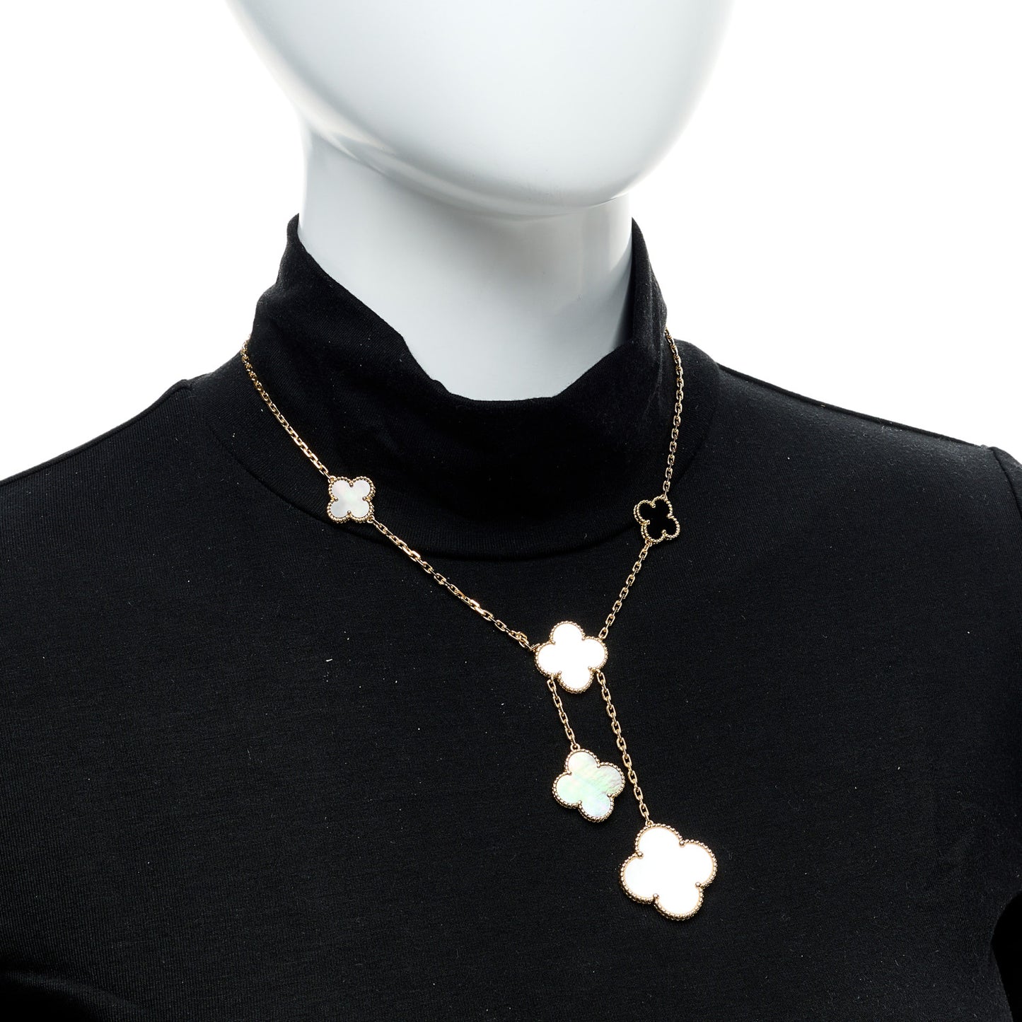 18K Yellow Gold Mother of Pearl Onyx 6 Motifs Magic Alhambra Necklace