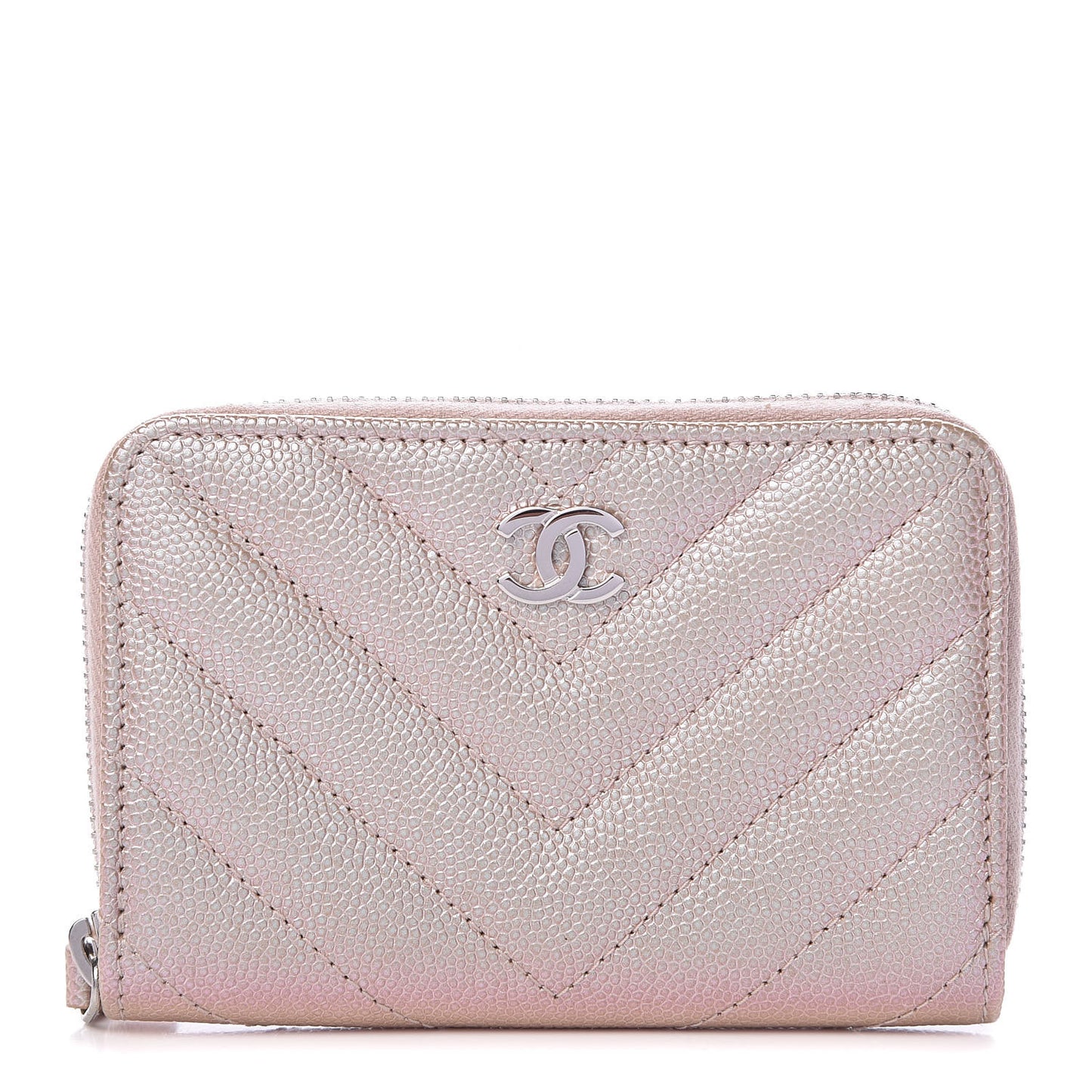 Metallic Caviar Chevron Quilted Zip Around Coin Purse Light Gold