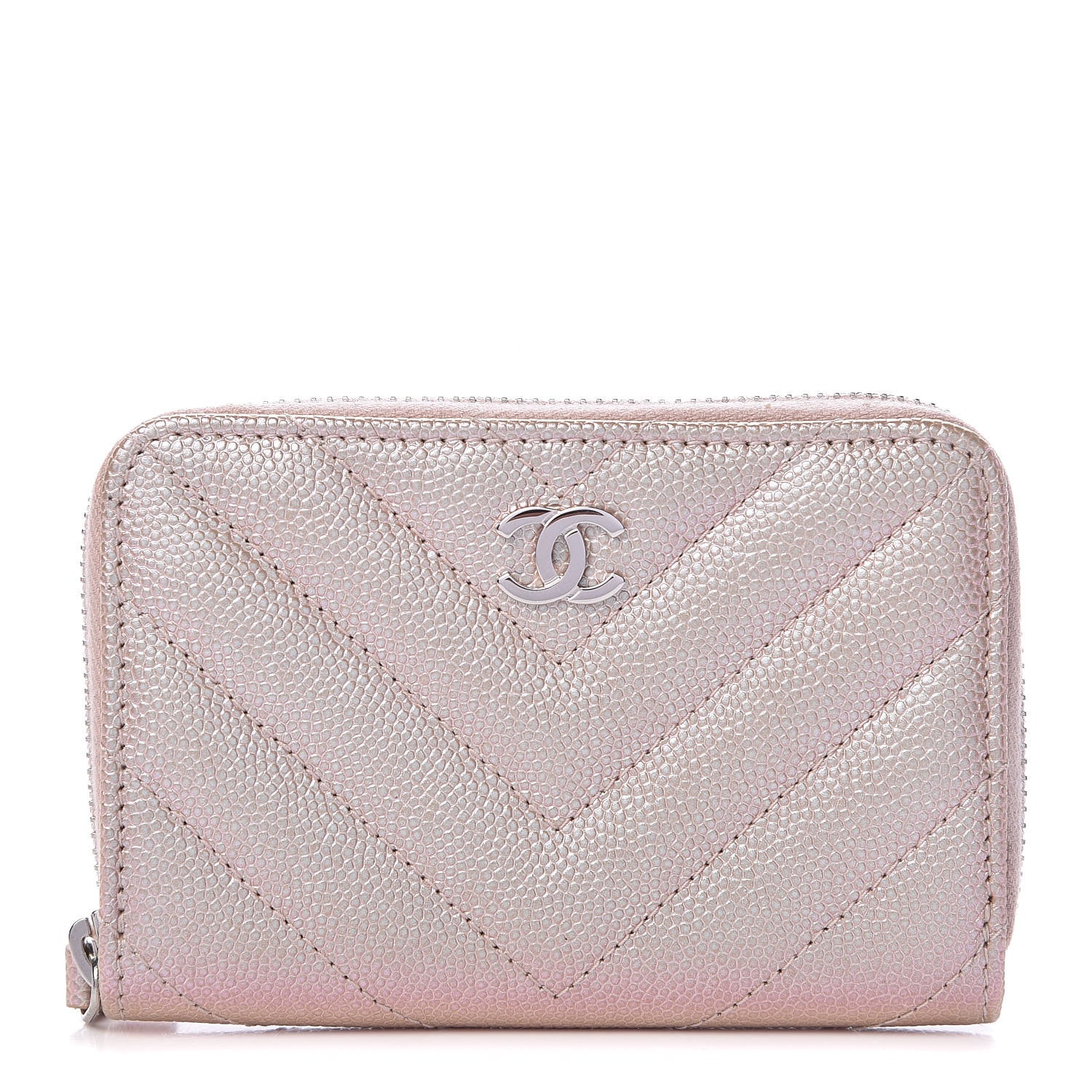 Chanel Metallic Caviar Chevron Quilted Zip Around Coin Purse Light Gold 1 of 7
