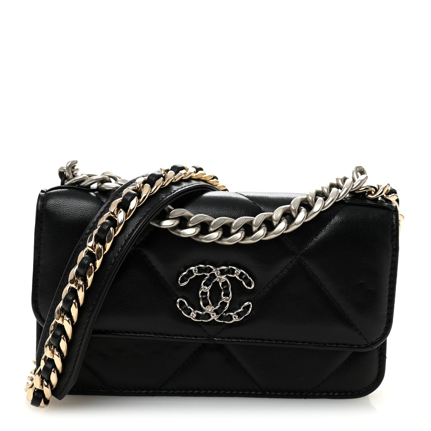 Chanel Lambskin Quilted Chanel 19 Flap Phone Holder With Chain Black 1 of 11