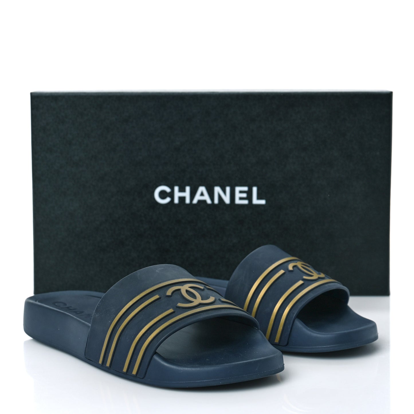 Rubber CC Flat Slide Sandals 36 Navy Gold