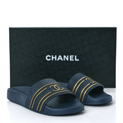 Chanel Rubber CC Flat Slide Sandals 36 Navy Gold 9 of 9